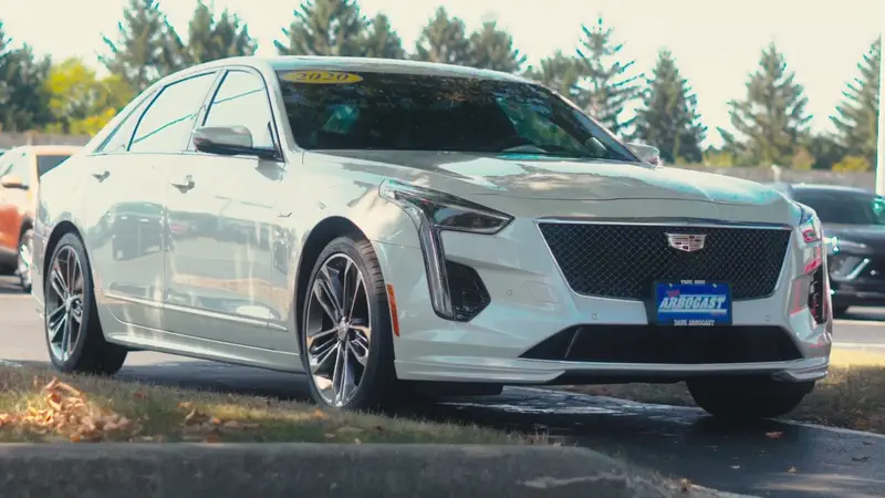 Front three-quarter view of a white 2020 Cadillac CT6-V at Arbogast Cadillac